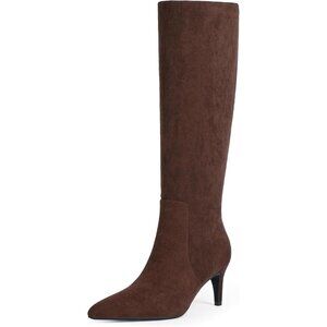 Women's Chocolate Tall Boots Pointed Toe Kitten Heel Side Zipper Knee High Boots